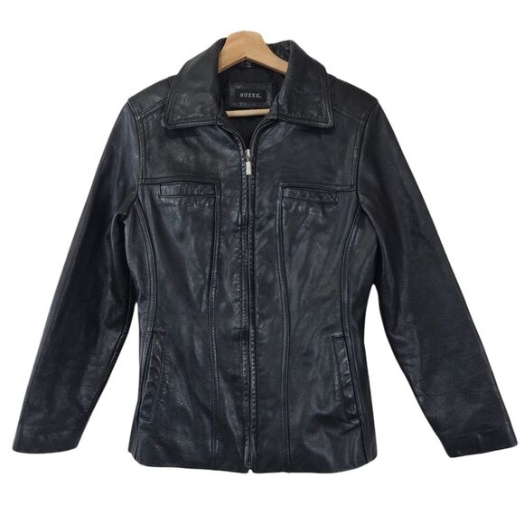 Guess Vintage 100% Leather Black Biker Jacket size small - Picture 1 of 7